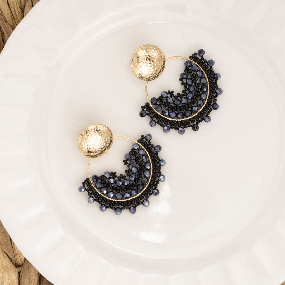 Handmade earrings with beads on wire, featuring a bronze stud with gold plating, available in various colors
