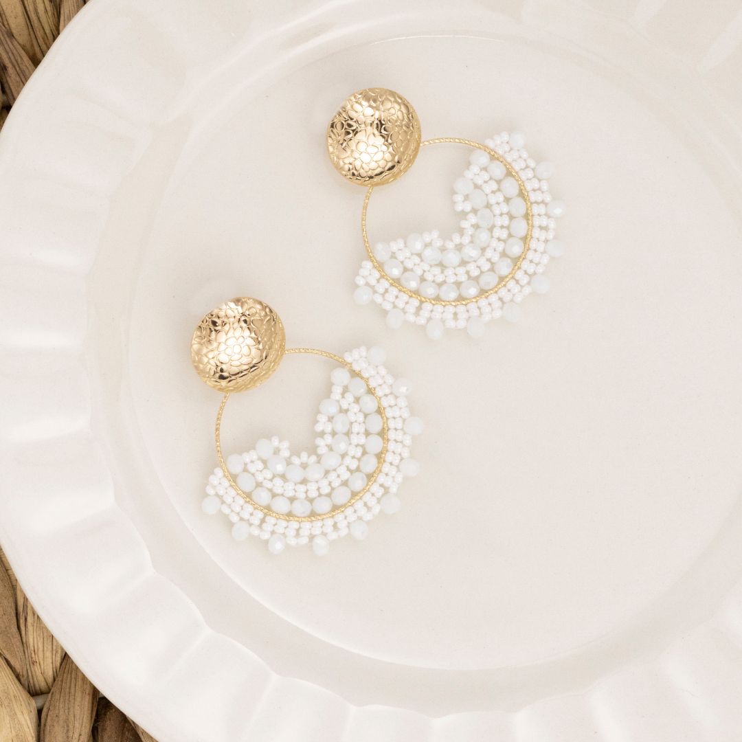 Handmade earrings with beads on wire, featuring a bronze stud with gold plating, available in various colors
