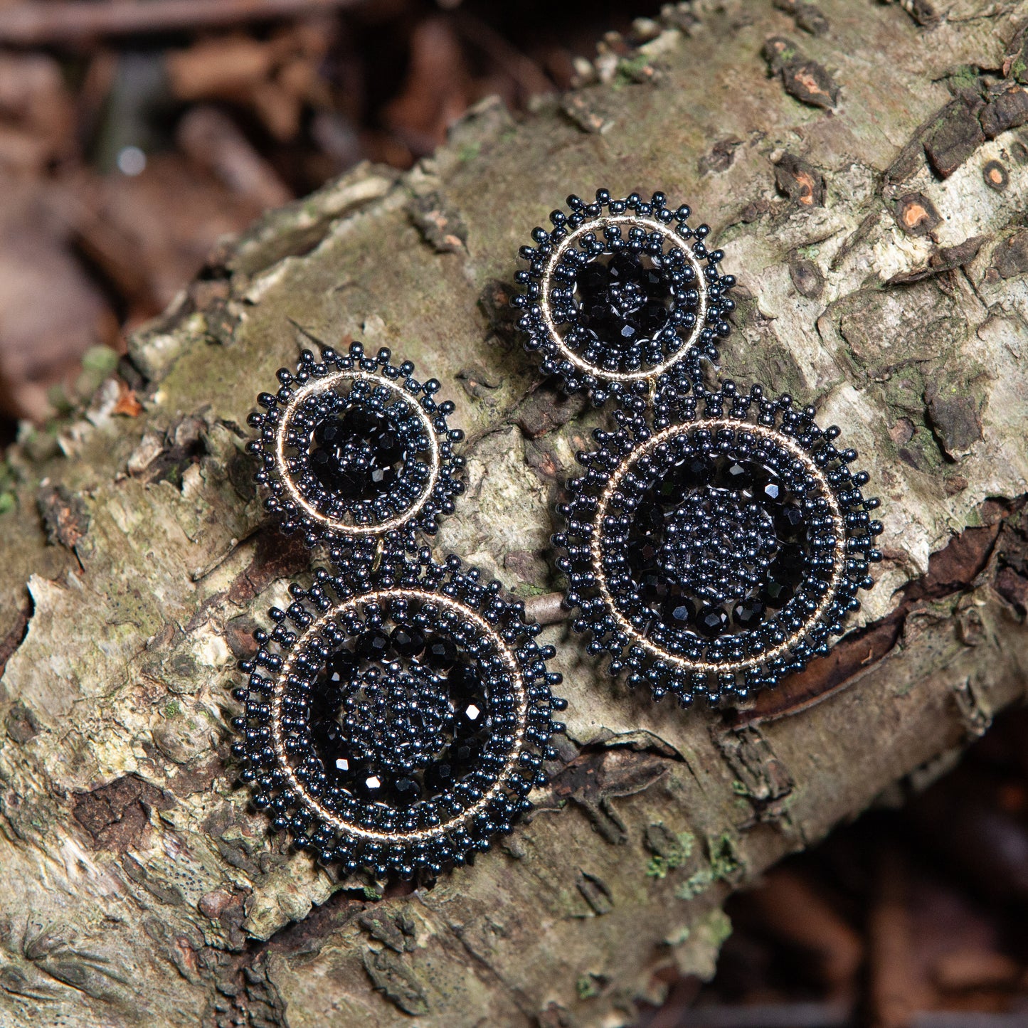 Handmade earrings with beads on wire, featuring a bronze stud with gold plating, available in various colors