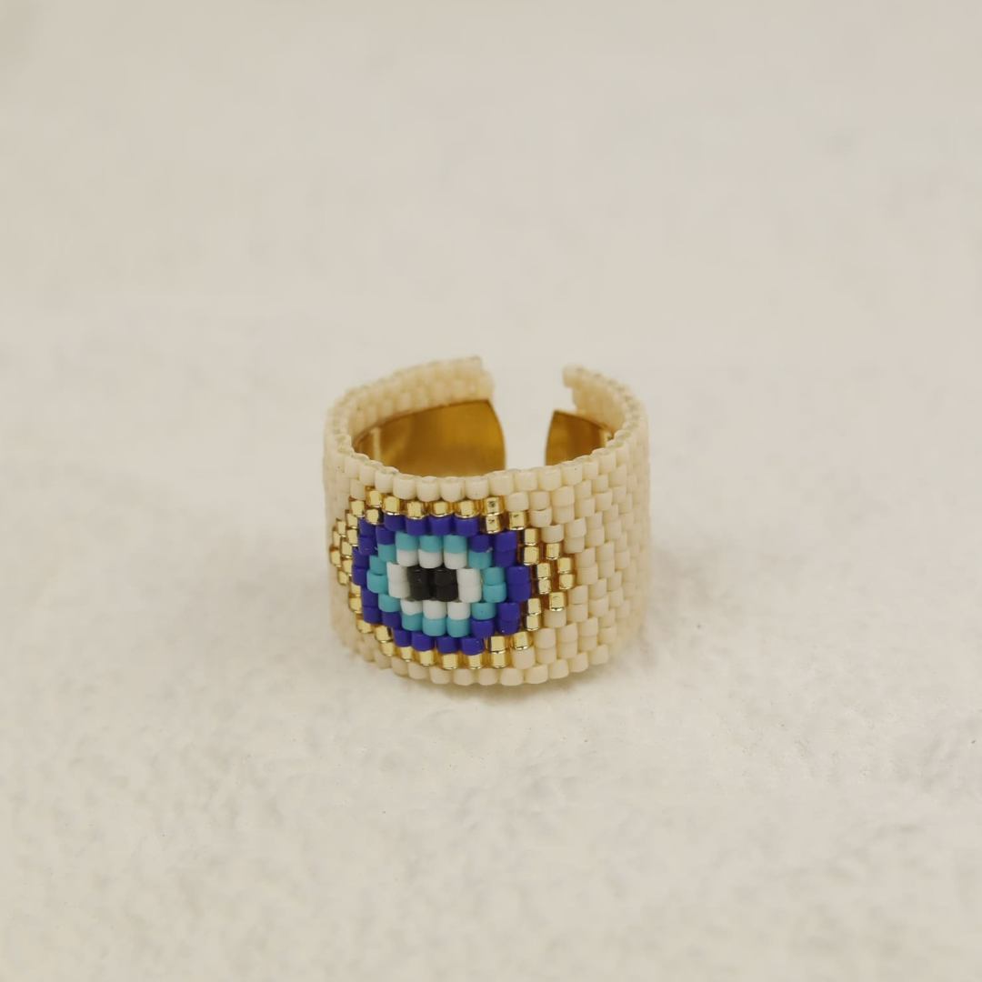 Adjustable handmade ring with Miyuki beads and a gold-plated band