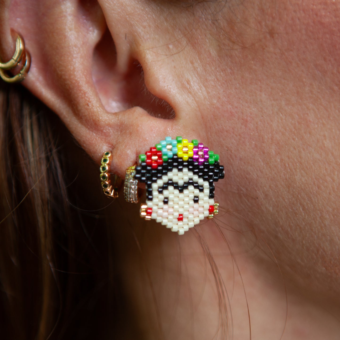 Handmade Frida earrings with Miyuki beads, these earrings are lightweight and comfortable to wear. Bronze stud with gold plating Each earring is carefully crafted with lightweight Miyuki beads, ensuring all-day comfort and wearability. 