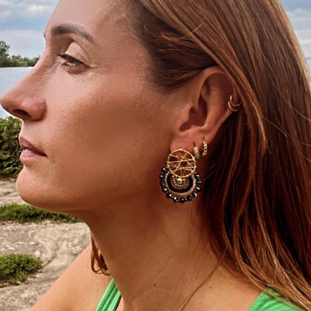Handmade earrings with beads on wire, featuring a bronze stud with gold plating, available in various colors