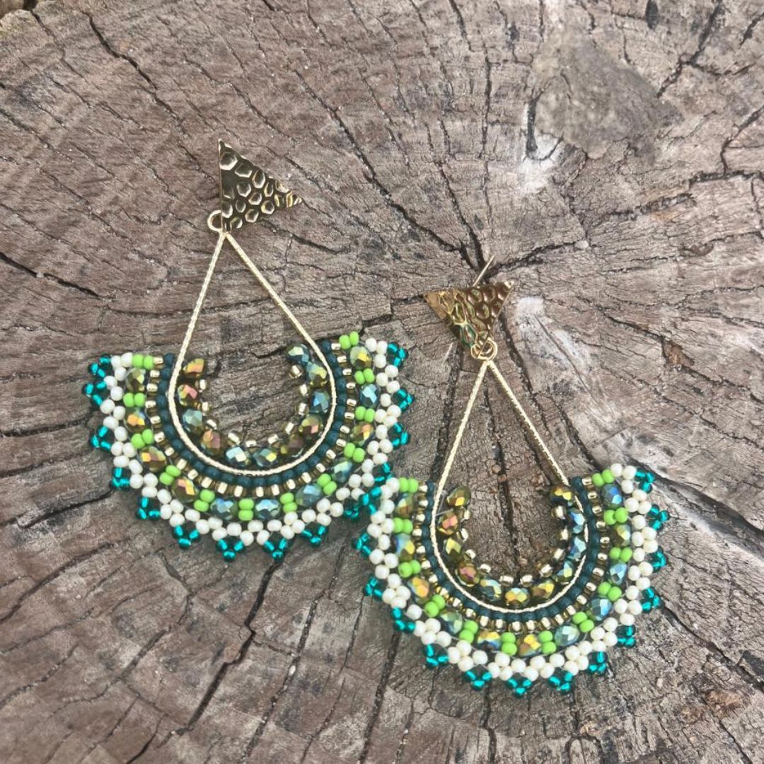Handmade earrings with beads on wire, featuring a bronze stud with gold plating, available in various colors.