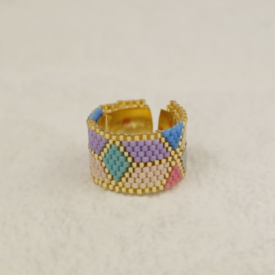 Adjustable handmade ring with Miyuki beads and a gold-plated band