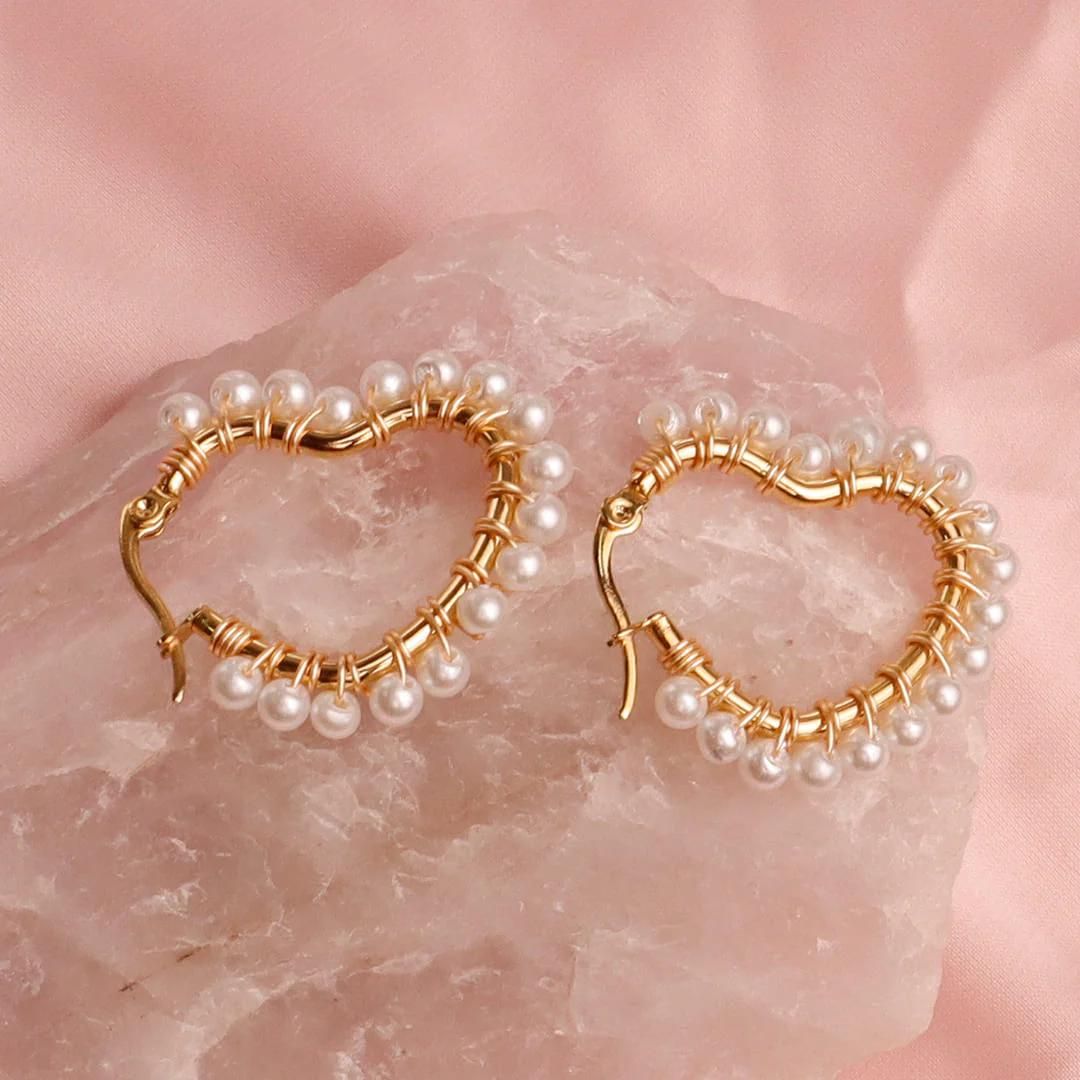 Handmade heart beaded hoops