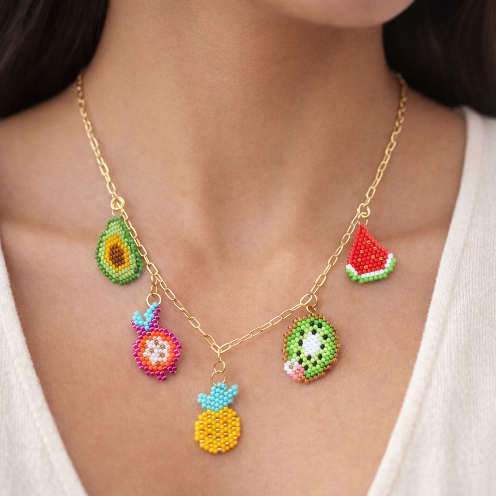 Necklace with colorful fruit-shaped pendants on a person wearing a white top.