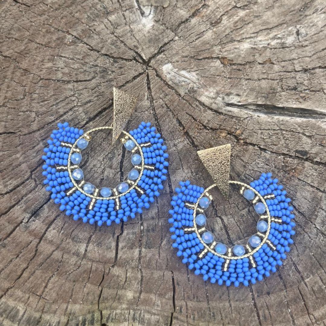 Handmade earrings with beads on wire, featuring a bronze stud with gold plating, available in various colors