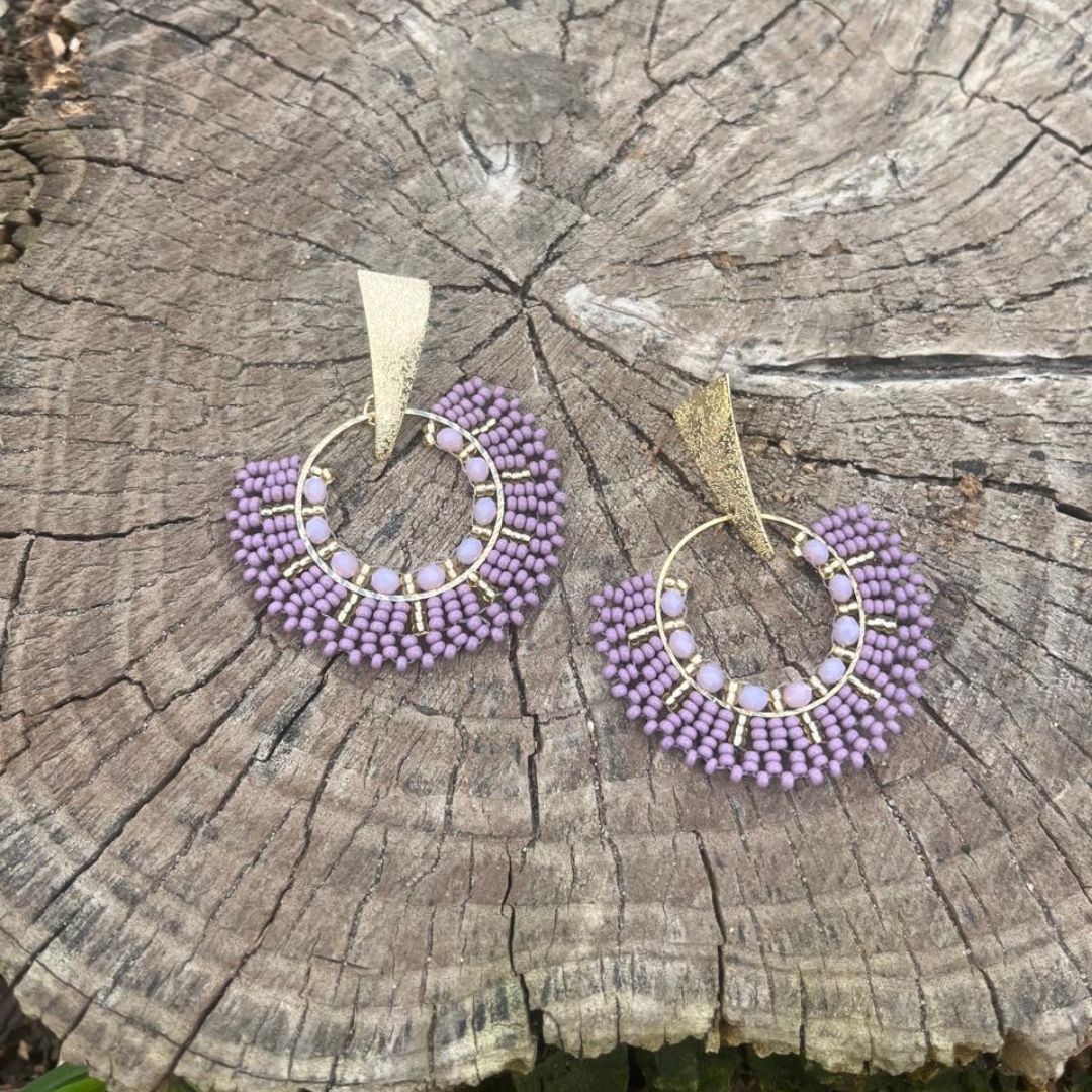 Handmade earrings with beads on wire, featuring a bronze stud with gold plating, available in various colors
