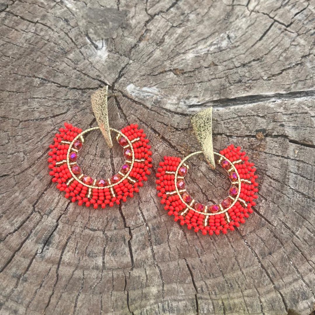 Handmade earrings with beads on wire, featuring a bronze stud with gold plating, available in various colors