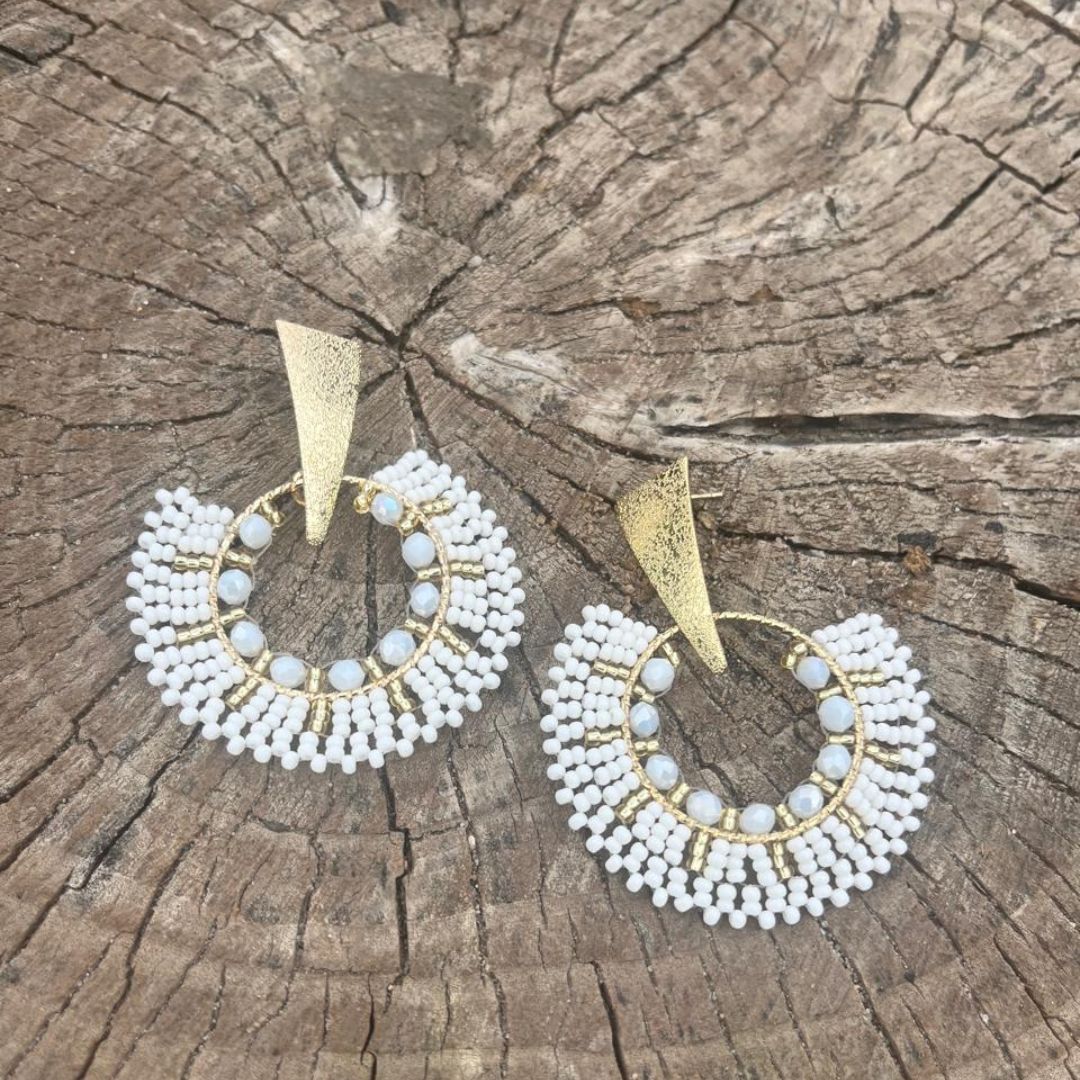Handmade earrings with beads on wire, featuring a bronze stud with gold plating, available in various colors