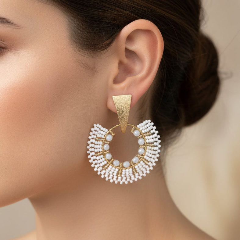 Handmade earrings with beads on wire, featuring a bronze stud with gold plating, available in various colors