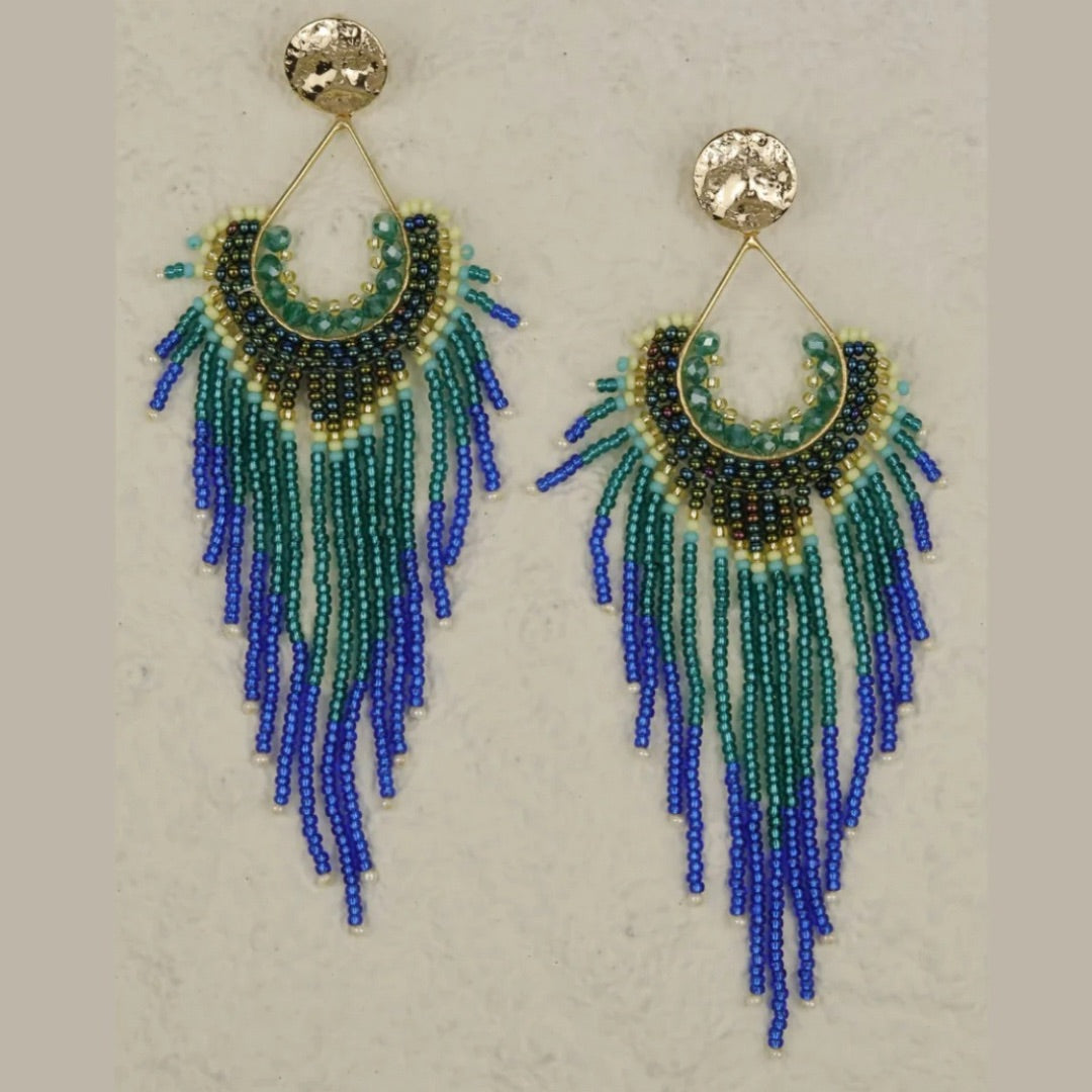 Dangling earrings handmade with beads on wire, featuring a bronze stud with gold plating, available in various colors