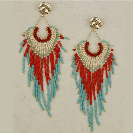Dangling earrings handmade with beads on wire, featuring a bronze stud with gold plating, available in various colors