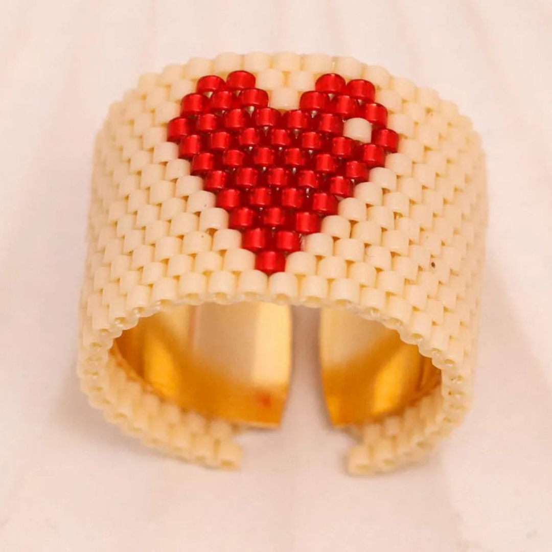 Adjustable handmade ring with Miyuki beads and a gold-plated band