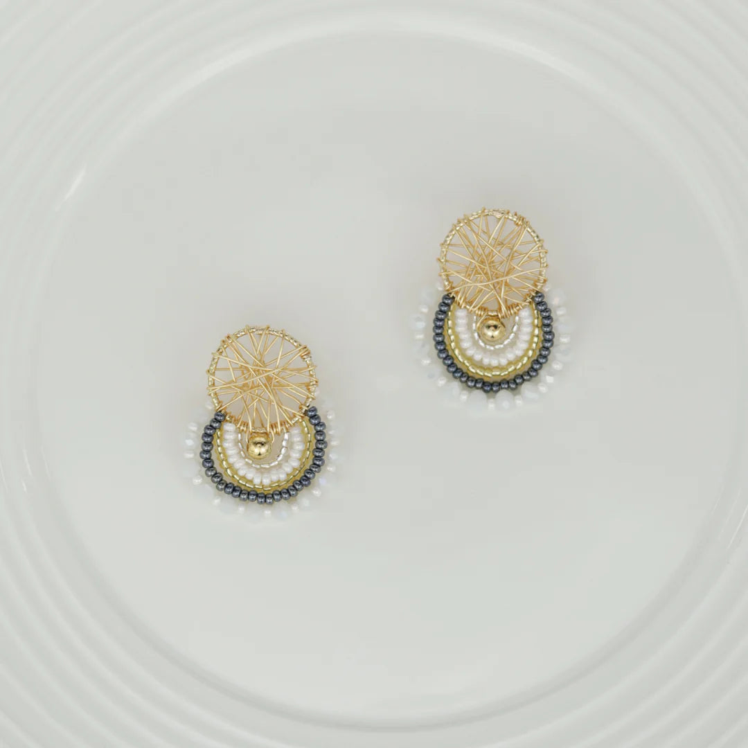 Handmade earrings with beads on wire, featuring a bronze stud with gold plating, available in various colors