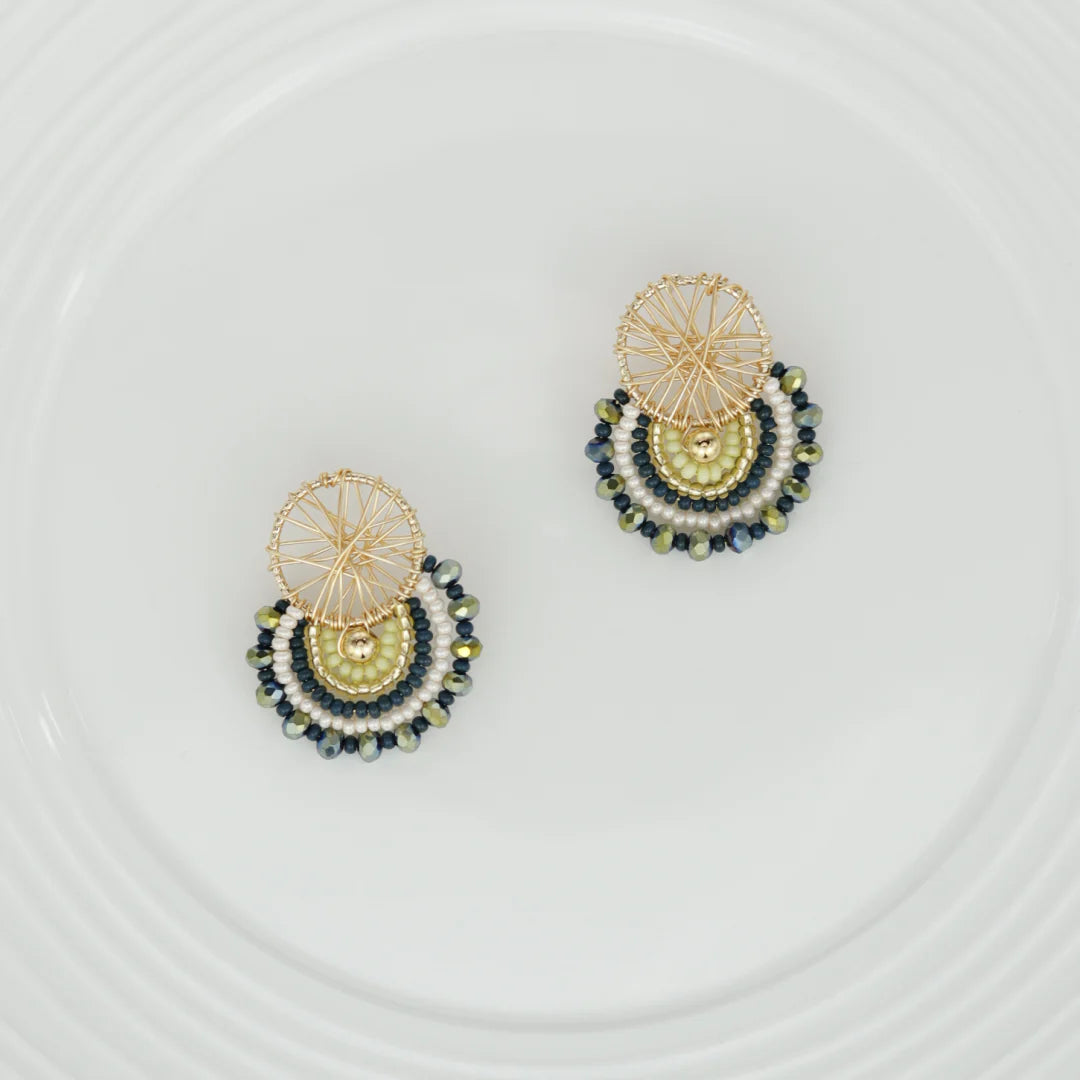 Handmade earrings with beads on wire, featuring a bronze stud with gold plating, available in various colors