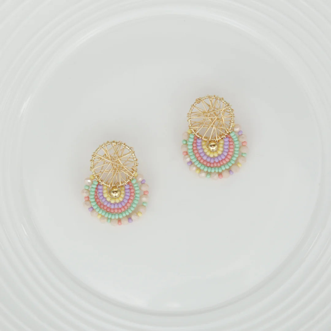 Handmade earrings with beads on wire, featuring a bronze stud with gold plating, available in various colors
