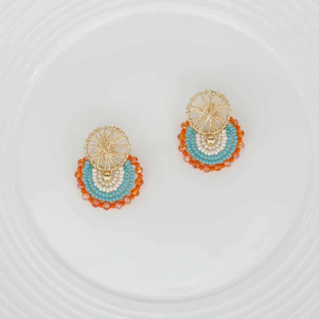 Handmade earrings with beads on wire, featuring a bronze stud with gold plating, available in various colors